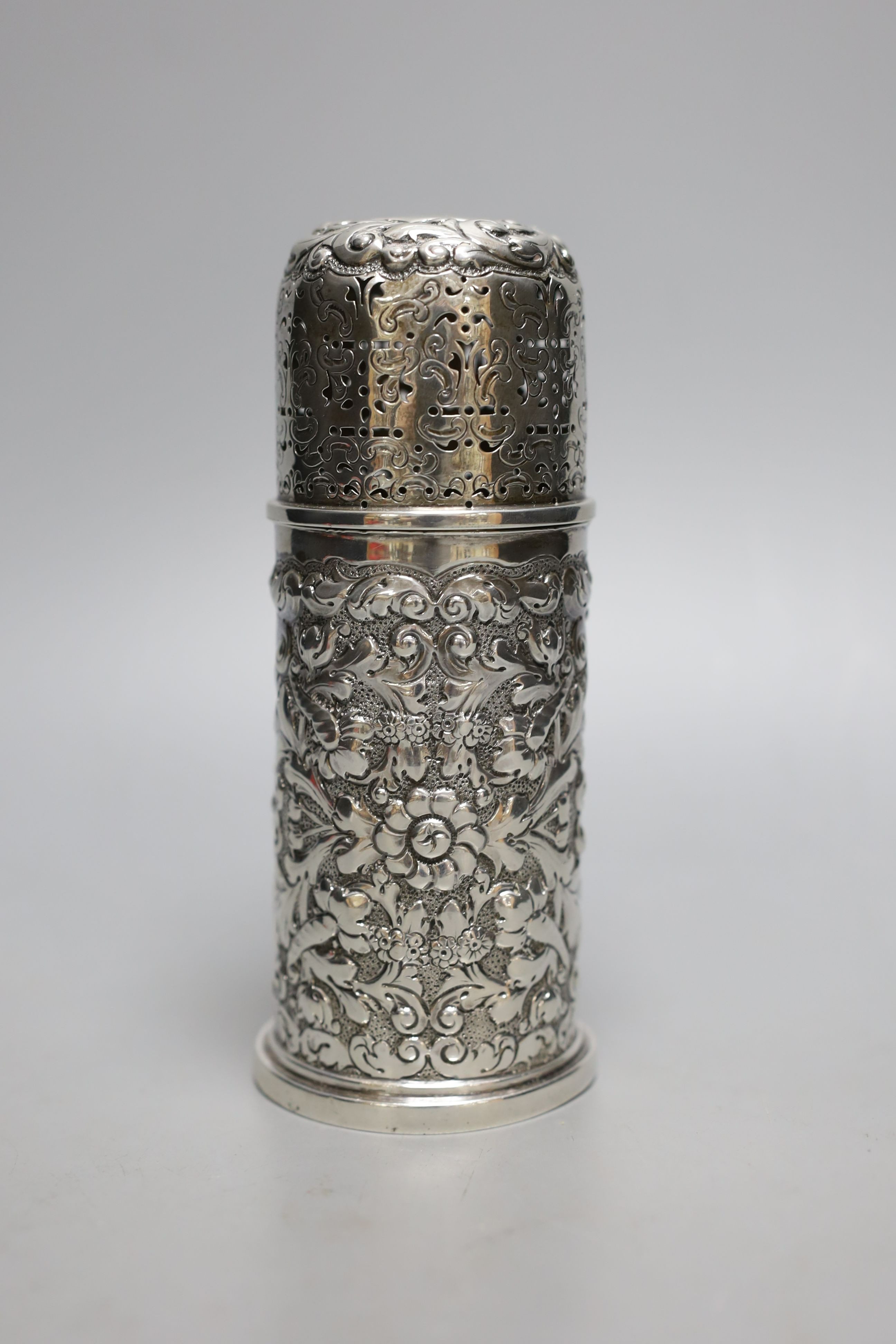 A late Victorian embossed silver lighthouse sugar caster, Horace Woodward & Co, London, 1893, 15.4cm, 5.5oz.